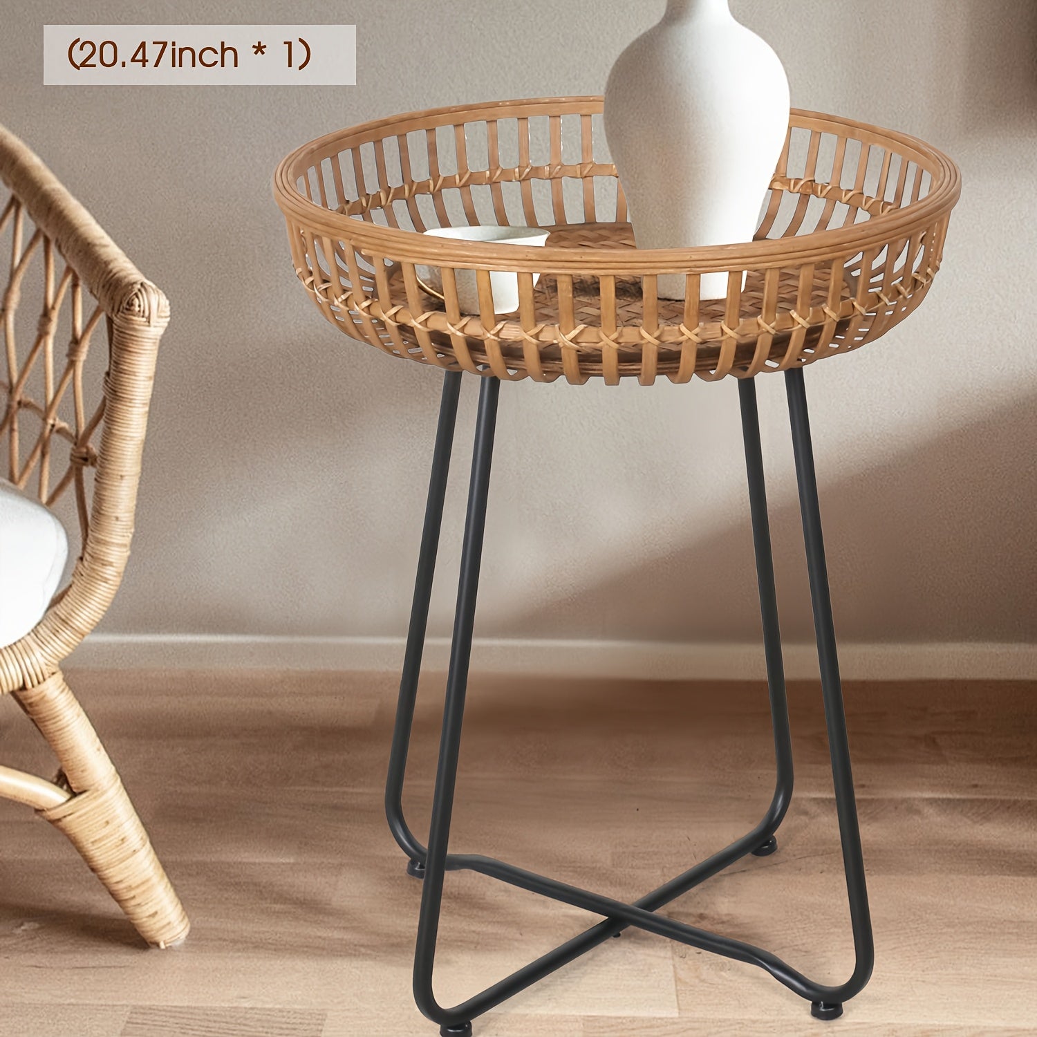 Oakrian Rattan Side Table Nesting Tables Set Of 2, Bamboo Round Table Coffee Table Metal Base End Table for Boho Living Room, Sofa, Bedroom, Terrace, Accent Table(20.47inch)