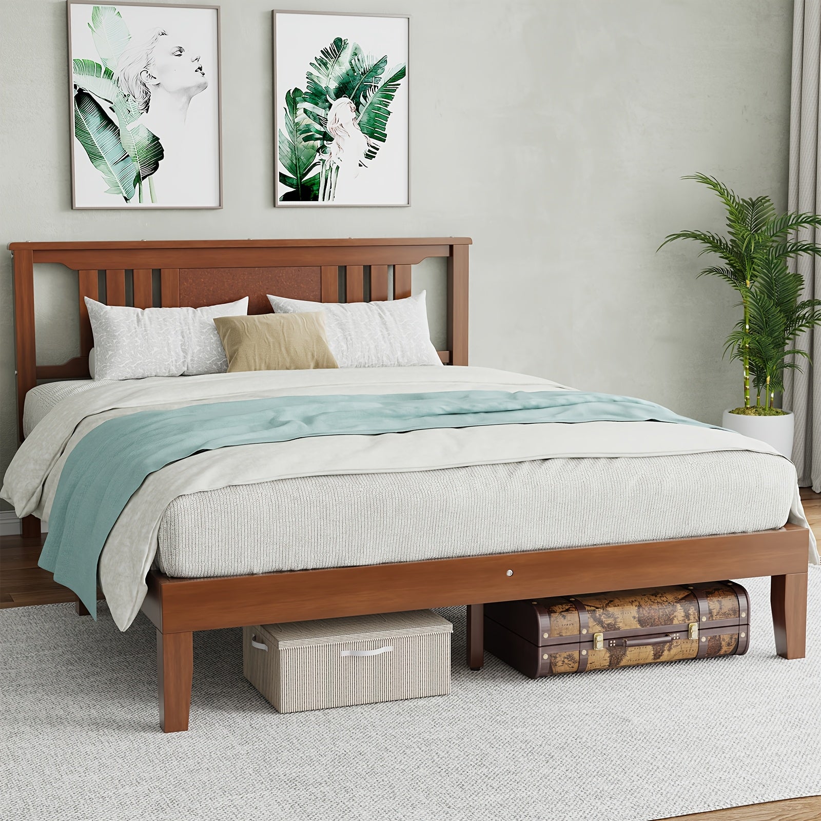 Solid Wood Bed Frame with Headboard, 4 Size Platform Bed Frame, Sturdy Wood Slat Support, Heavy Duty Pine Wood Bed Frame for Bedroom, No Box Spring Needed