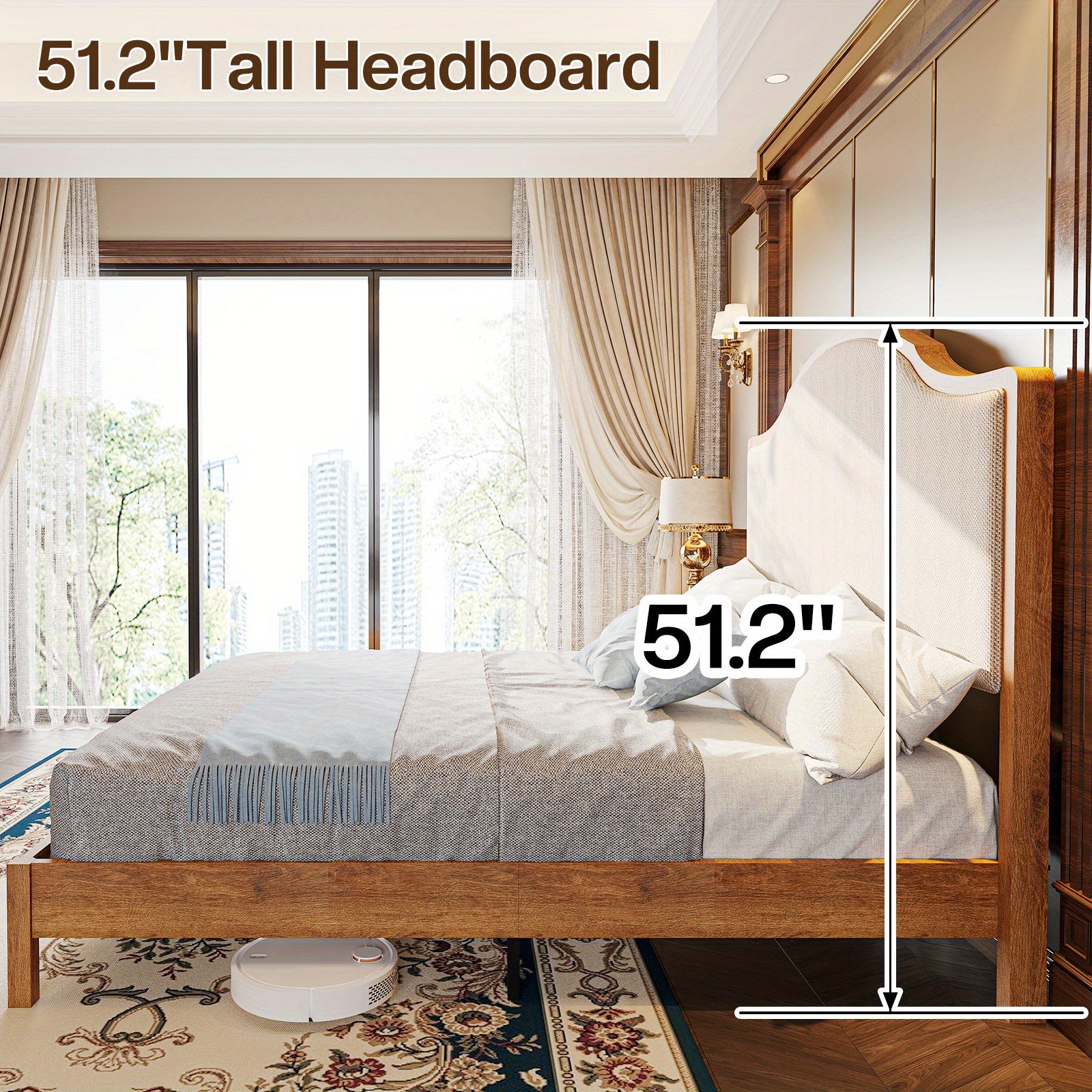 PAPABABE Solid Wood Platform Bed Frame with Upholstered Curved Headboard, Wood Slat Support, No Box Spring Required