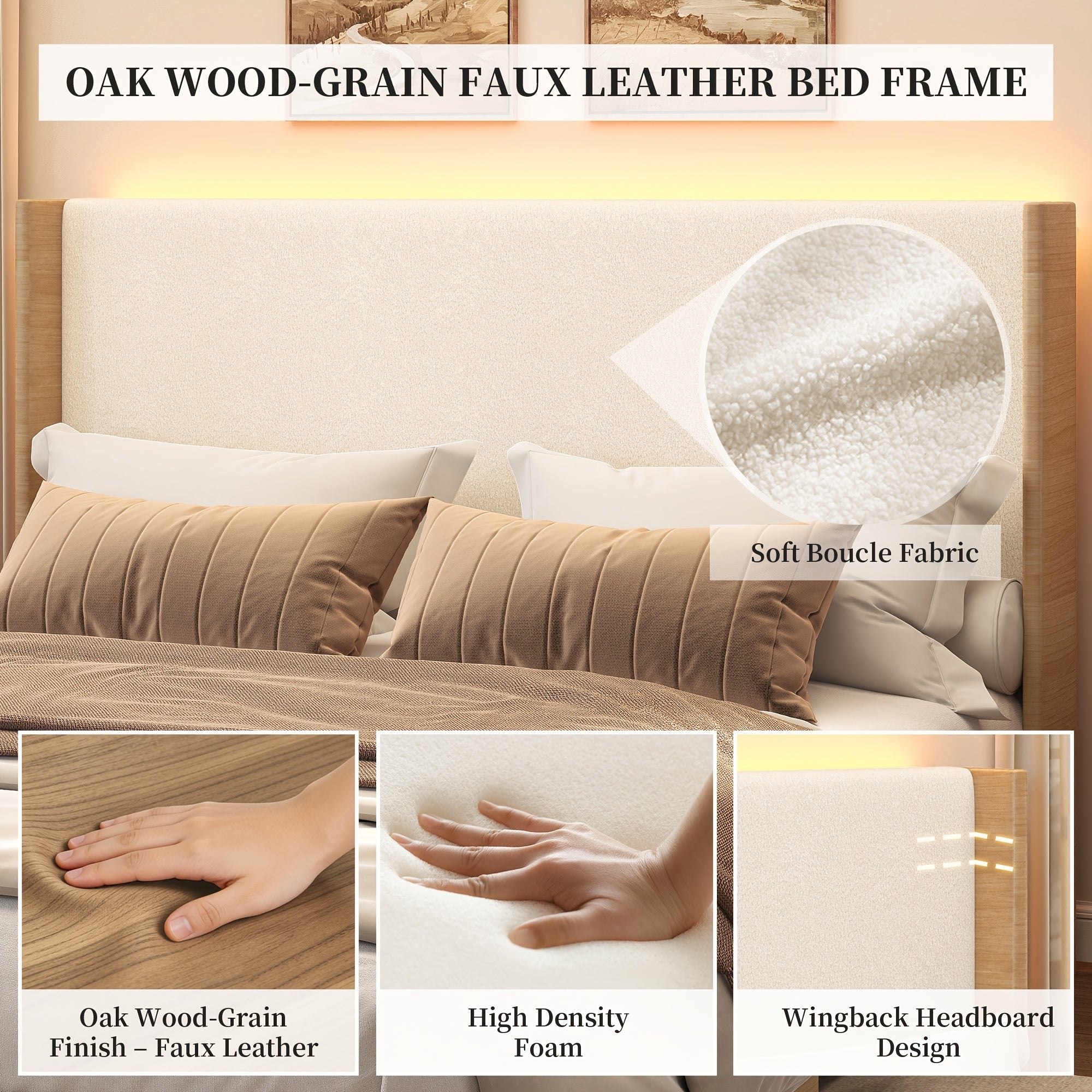 Sibeds Queen Bed Frame with Headboard, Full Size LED Bed Frame, Queen Bed Frame No Box Spring Needed Easy Assembly, PU Natural Wood Oak Brown Oak Brown & White Fabric