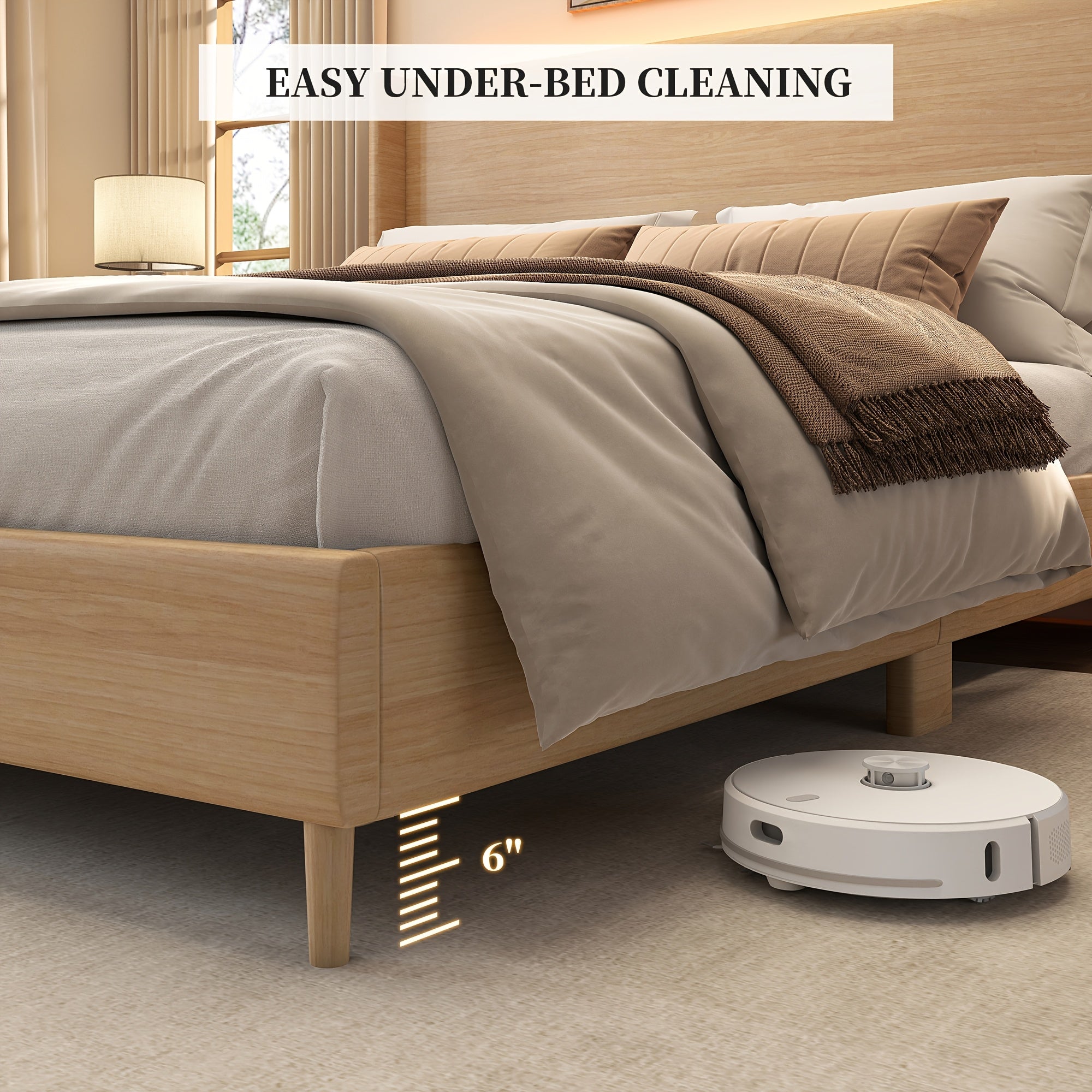 Sibeds Queen Bed Frame with Headboard, Full Size LED Bed Frame, Queen Bed Frame No Box Spring Needed Easy Assembly, PU Natural Wood Oak Brown Oak Brown & White Fabric