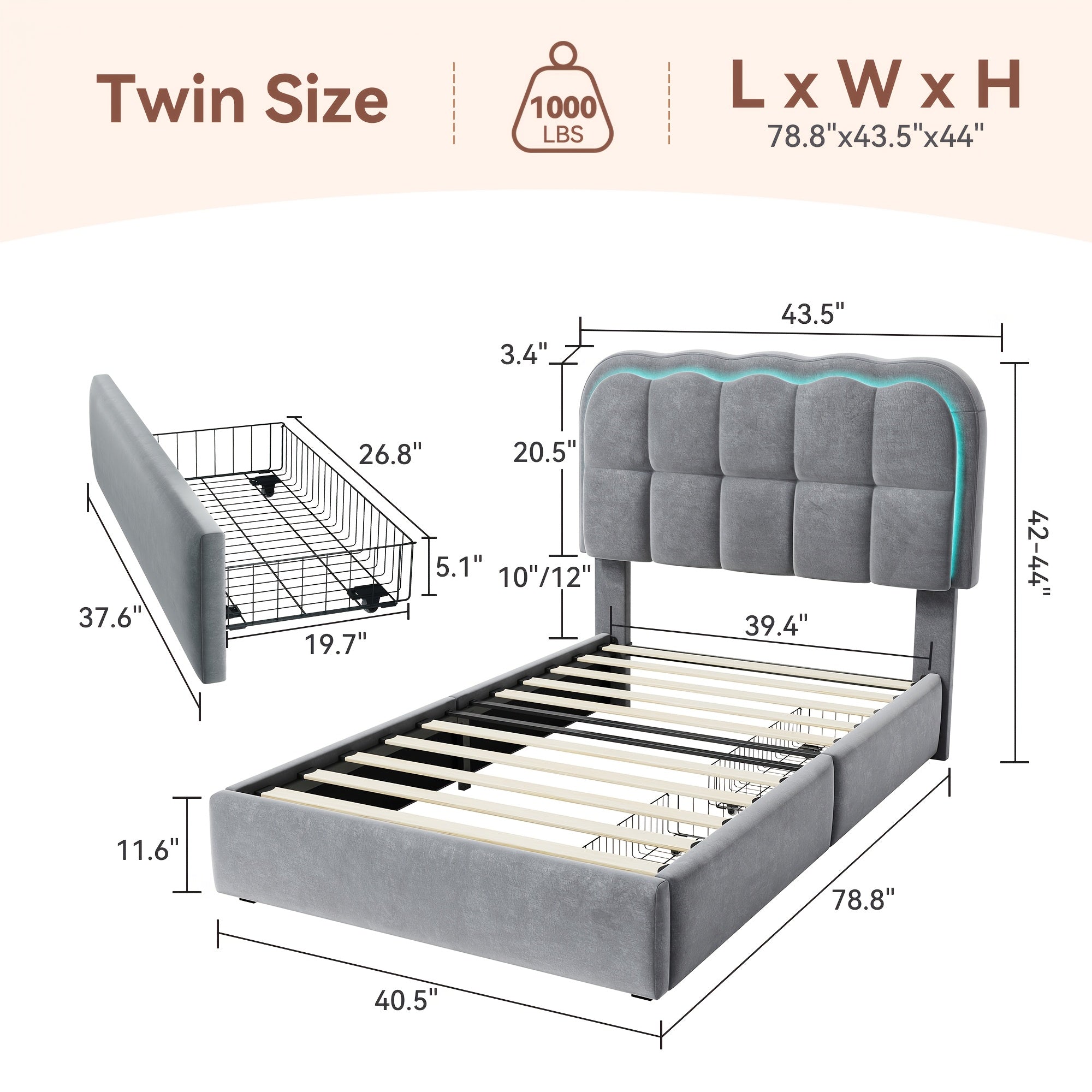 MRAEER Twin\u002FFull\u002FQueen Bed Frame | LED Lighting, 2\u002F4 Storage Drawers, Cloud-Style Soft Headboard, Velvet Modern Platform Bed, Mattress Not Required, Halloween\u002FChristmas Gift, White\u002FPink\u002FGrey, Hardwood and Metal Construction