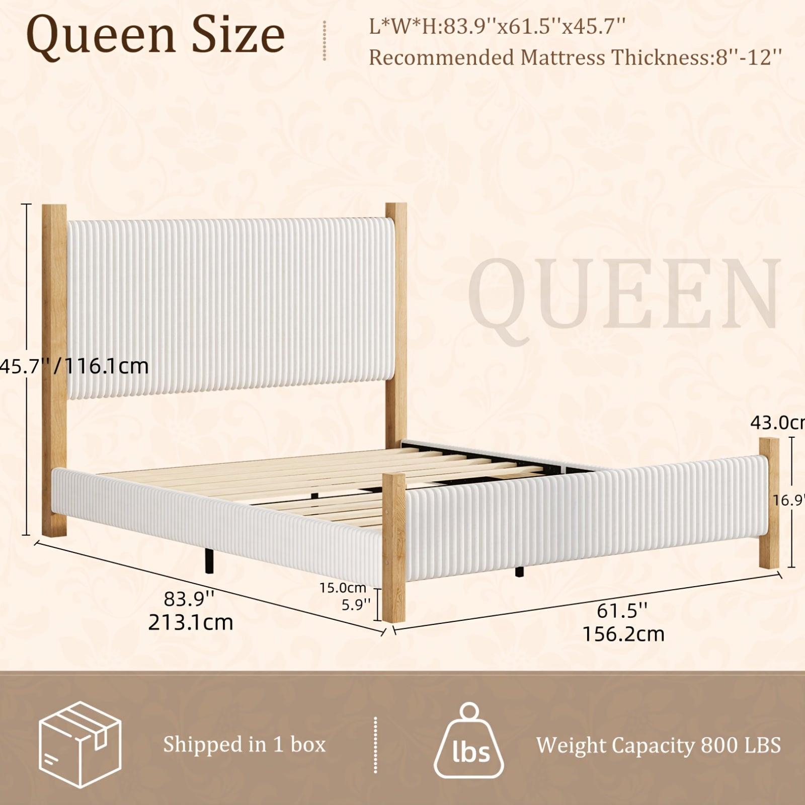 Full Queen King Bed Frame with Headboard | Corduroy Upholstered, Vertical Channel Design, No Box Spring Needed, Strong Structure, Noise-Free, Easy Assembly, White\u002FBlack\u002FBeige, Made of Hardwood and High-Density Fiberboard by HOMBCK