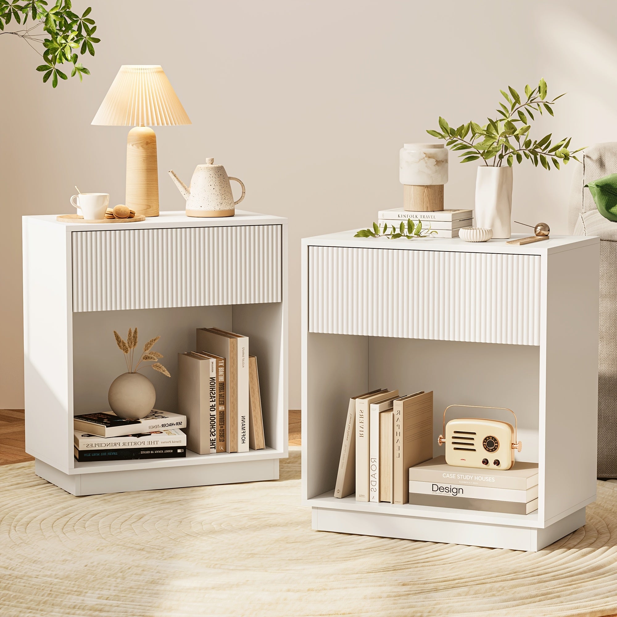Fluted Nightstands Set Of 2, Modern Mid - Century Wood Bedside Table with Drawer & Open Storage Shelf, End Table for Bedroom, Living Room, Office, Sofa Side Couch (White+Oak)