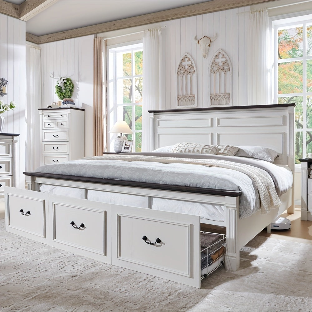 Farmhouse King\u002F Queen\u002F Full Size Bed Frame with Tall Headboard, Wood Platform Bed Frame with 20\