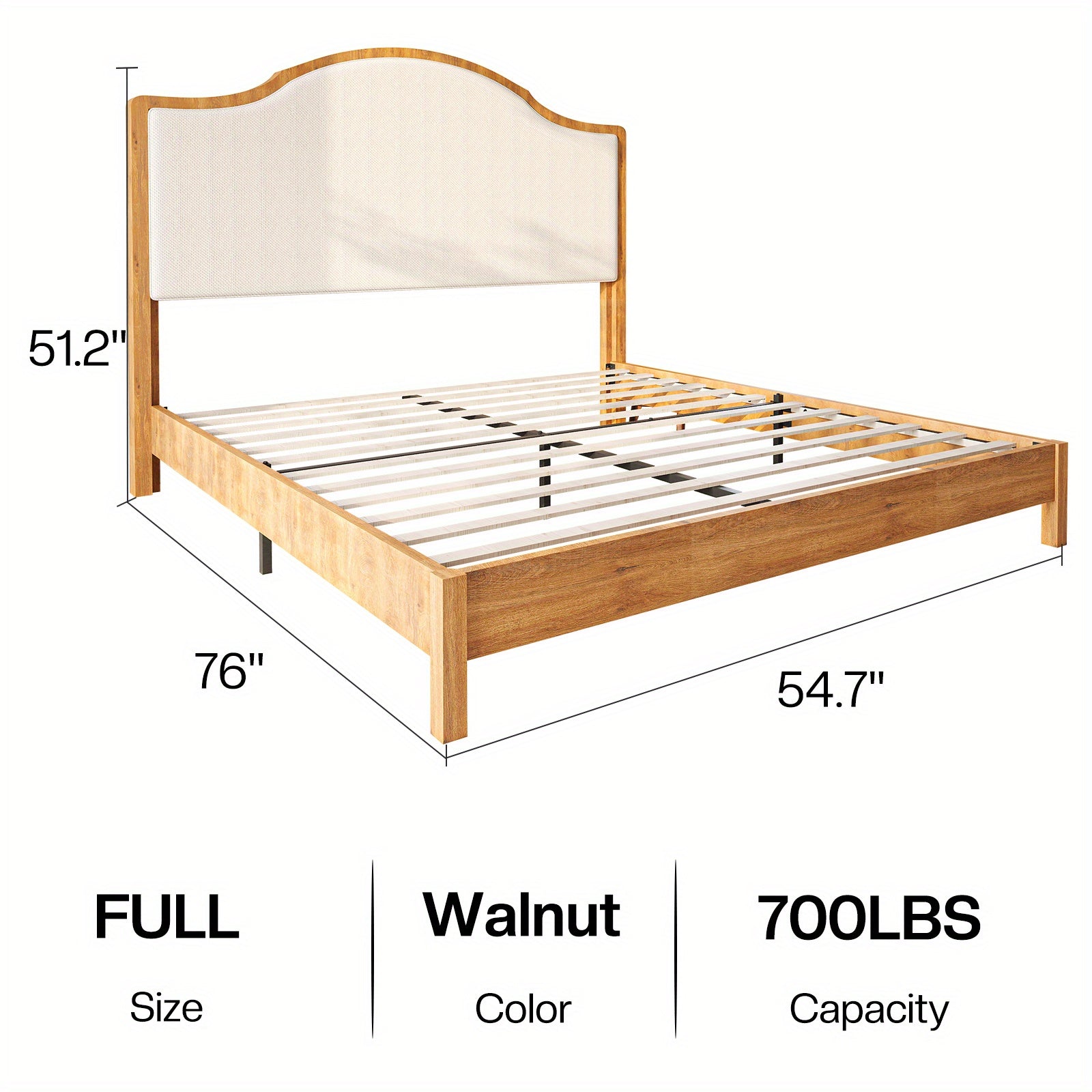 PAPABABE Solid Wood Platform Bed Frame with Upholstered Curved Headboard, Wood Slat Support, No Box Spring Required