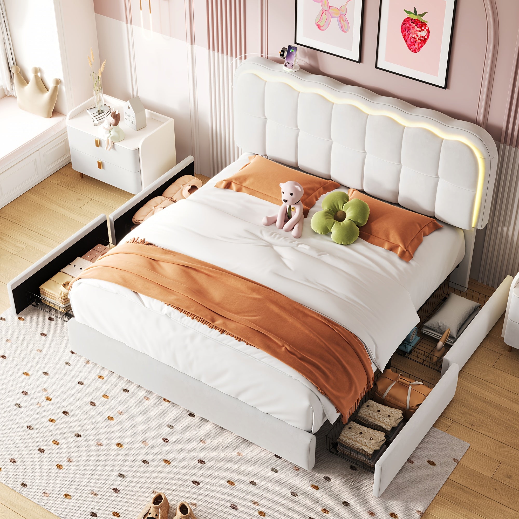 MRAEER Twin\u002FFull\u002FQueen Bed Frame | LED Lighting, 2\u002F4 Storage Drawers, Cloud-Style Soft Headboard, Velvet Modern Platform Bed, Mattress Not Required, Halloween\u002FChristmas Gift, White\u002FPink\u002FGrey, Hardwood and Metal Construction