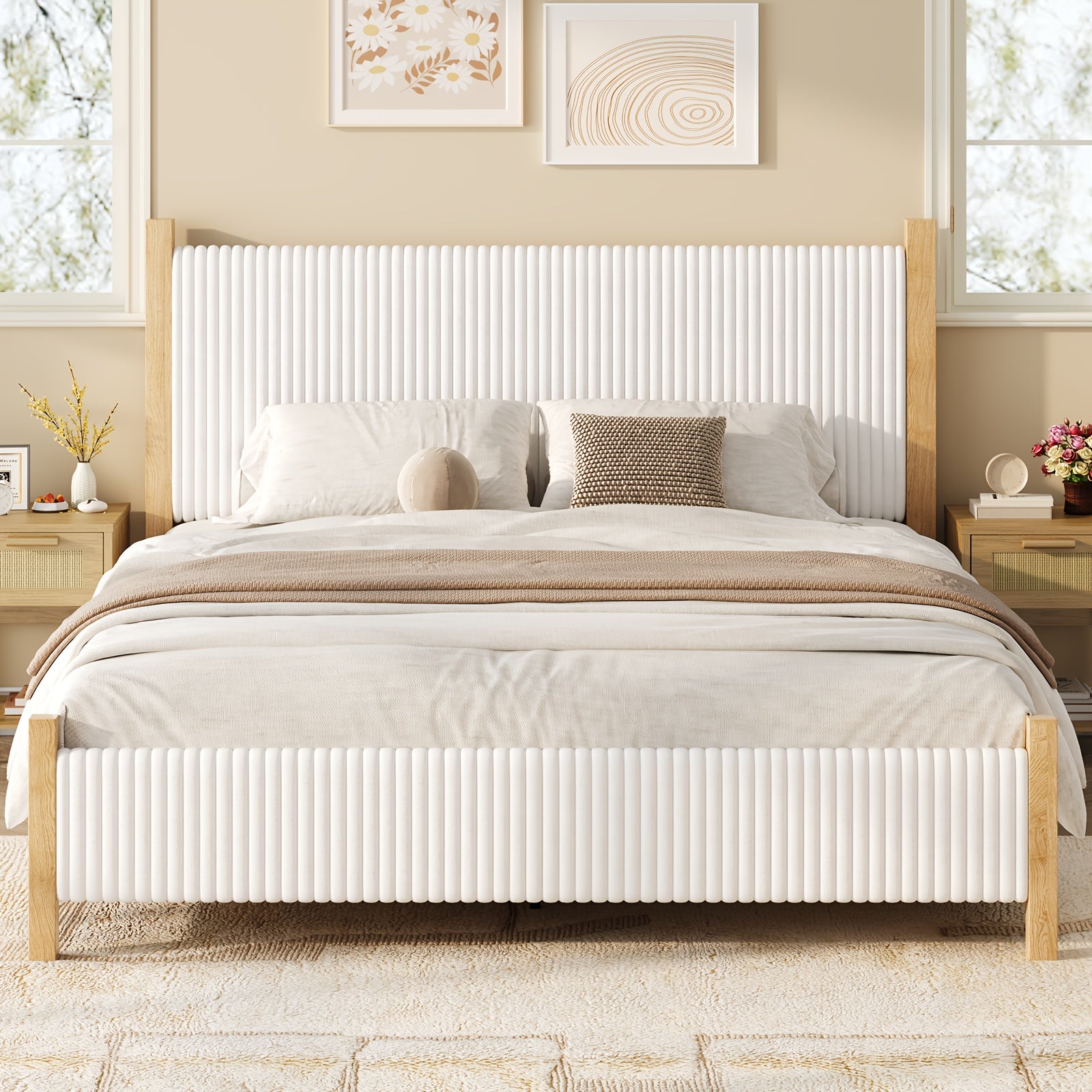 Full Queen King Bed Frame with Headboard | Corduroy Upholstered, Vertical Channel Design, No Box Spring Needed, Strong Structure, Noise-Free, Easy Assembly, White\u002FBlack\u002FBeige, Made of Hardwood and High-Density Fiberboard by HOMBCK