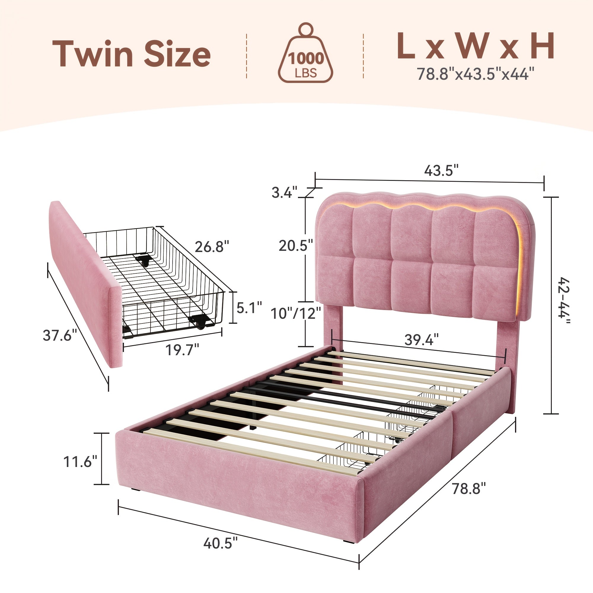 MRAEER Twin\u002FFull\u002FQueen Bed Frame | LED Lighting, 2\u002F4 Storage Drawers, Cloud-Style Soft Headboard, Velvet Modern Platform Bed, Mattress Not Required, Halloween\u002FChristmas Gift, White\u002FPink\u002FGrey, Hardwood and Metal Construction