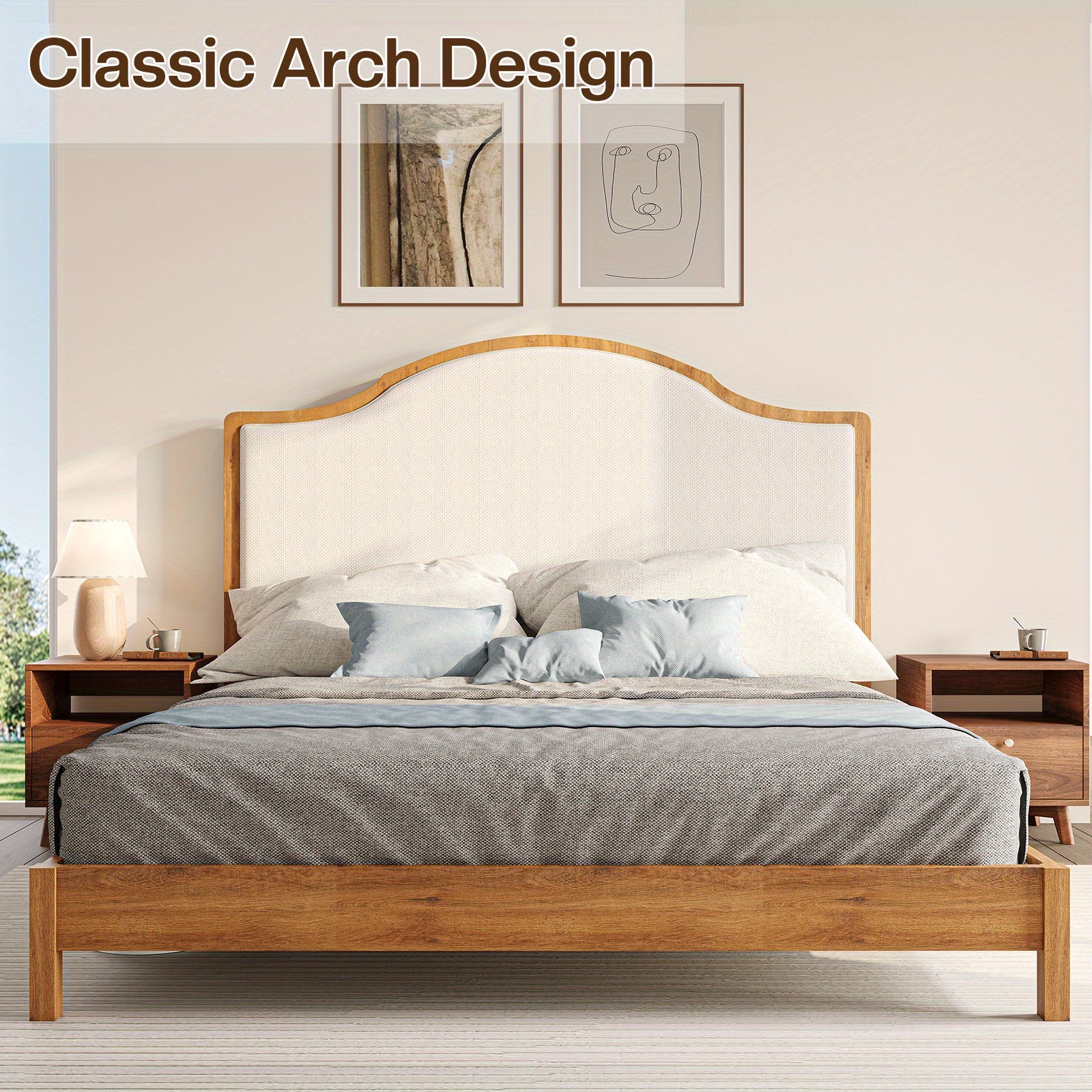 PAPABABE Solid Wood Platform Bed Frame with Upholstered Curved Headboard, Wood Slat Support, No Box Spring Required