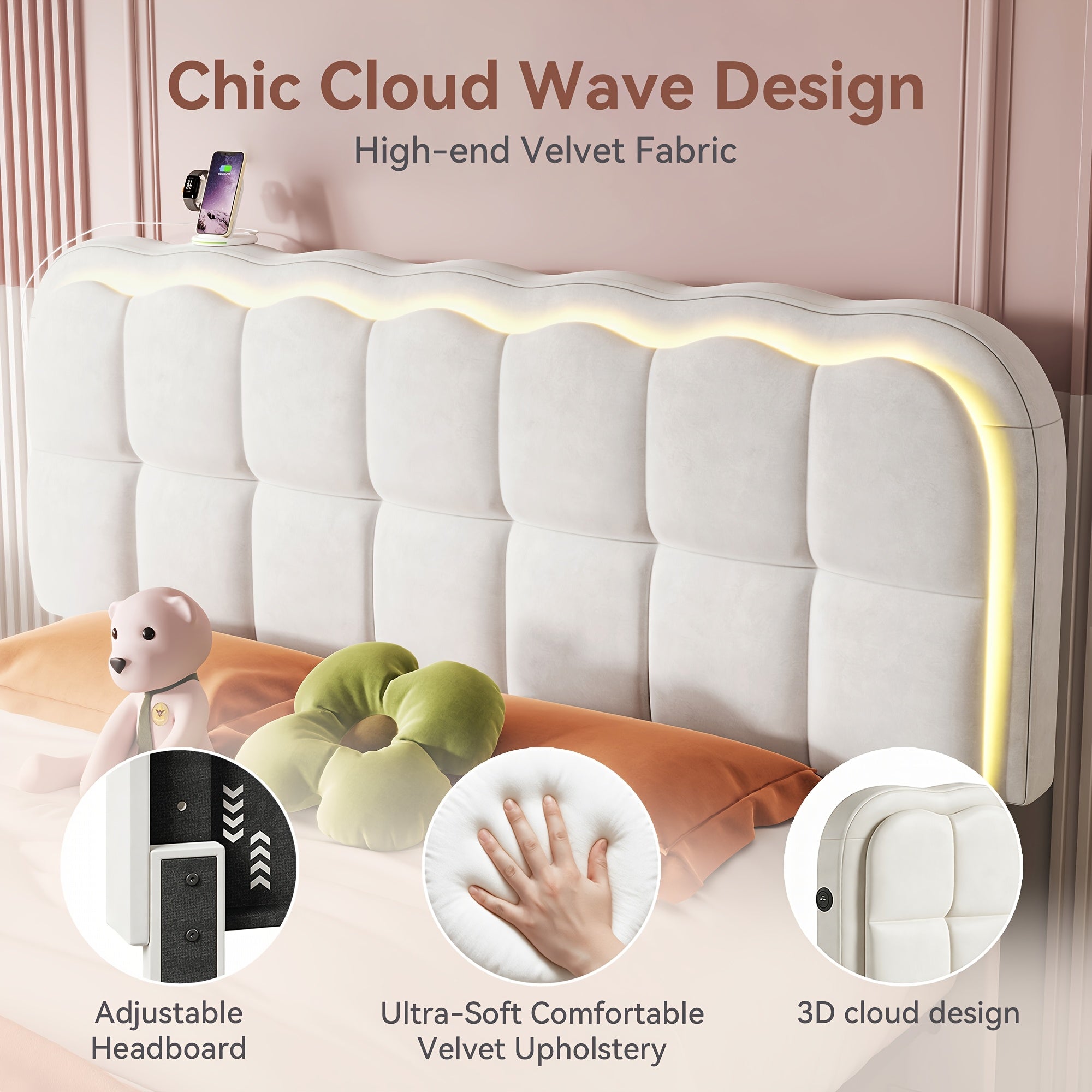 MRAEER Twin\u002FFull\u002FQueen Bed Frame | LED Lighting, 2\u002F4 Storage Drawers, Cloud-Style Soft Headboard, Velvet Modern Platform Bed, Mattress Not Required, Halloween\u002FChristmas Gift, White\u002FPink\u002FGrey, Hardwood and Metal Construction