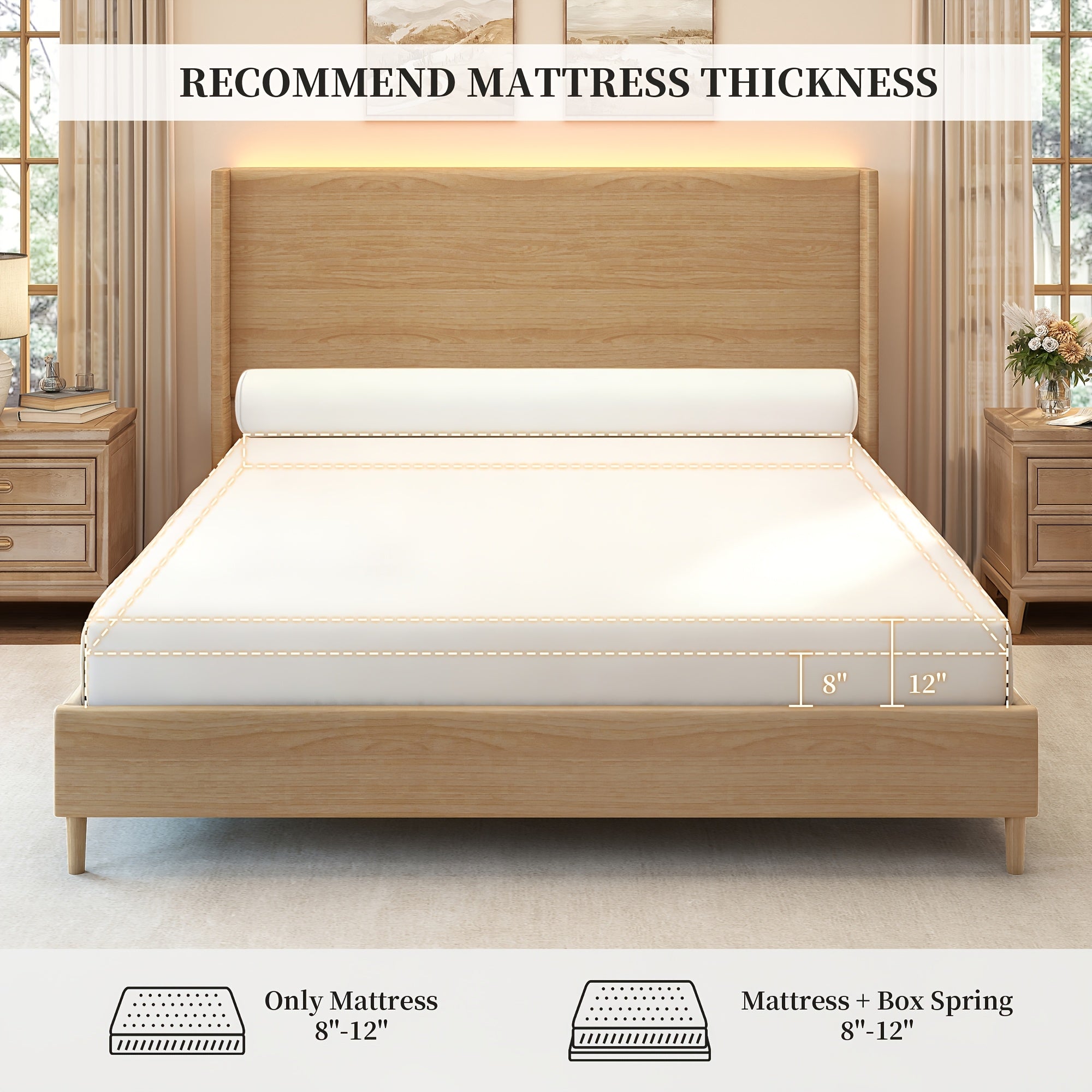 Sibeds Queen Bed Frame with Headboard, Full Size LED Bed Frame, Queen Bed Frame No Box Spring Needed Easy Assembly, PU Natural Wood Oak Brown Oak Brown & White Fabric