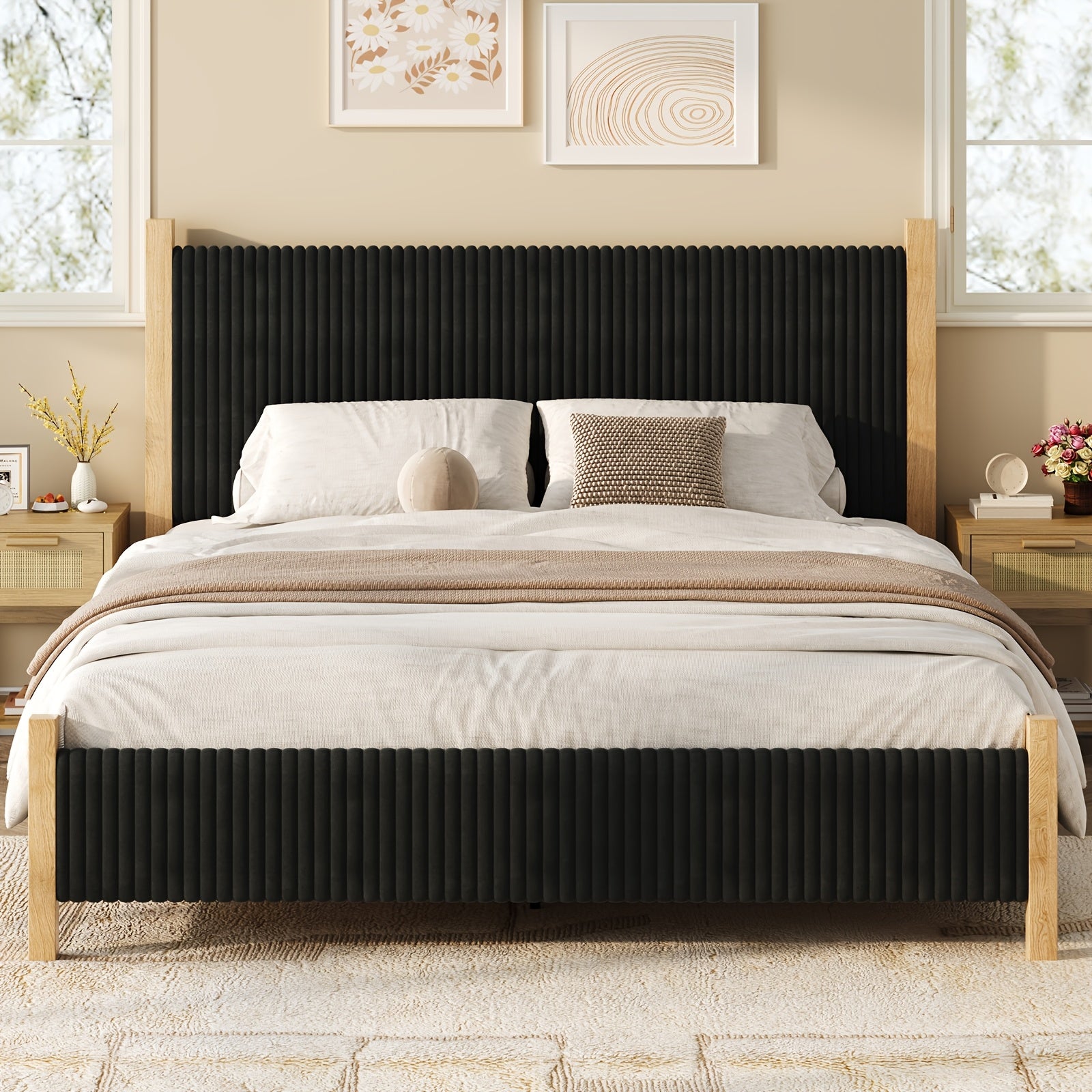 Full Queen King Bed Frame with Headboard | Corduroy Upholstered, Vertical Channel Design, No Box Spring Needed, Strong Structure, Noise-Free, Easy Assembly, White\u002FBlack\u002FBeige, Made of Hardwood and High-Density Fiberboard by HOMBCK