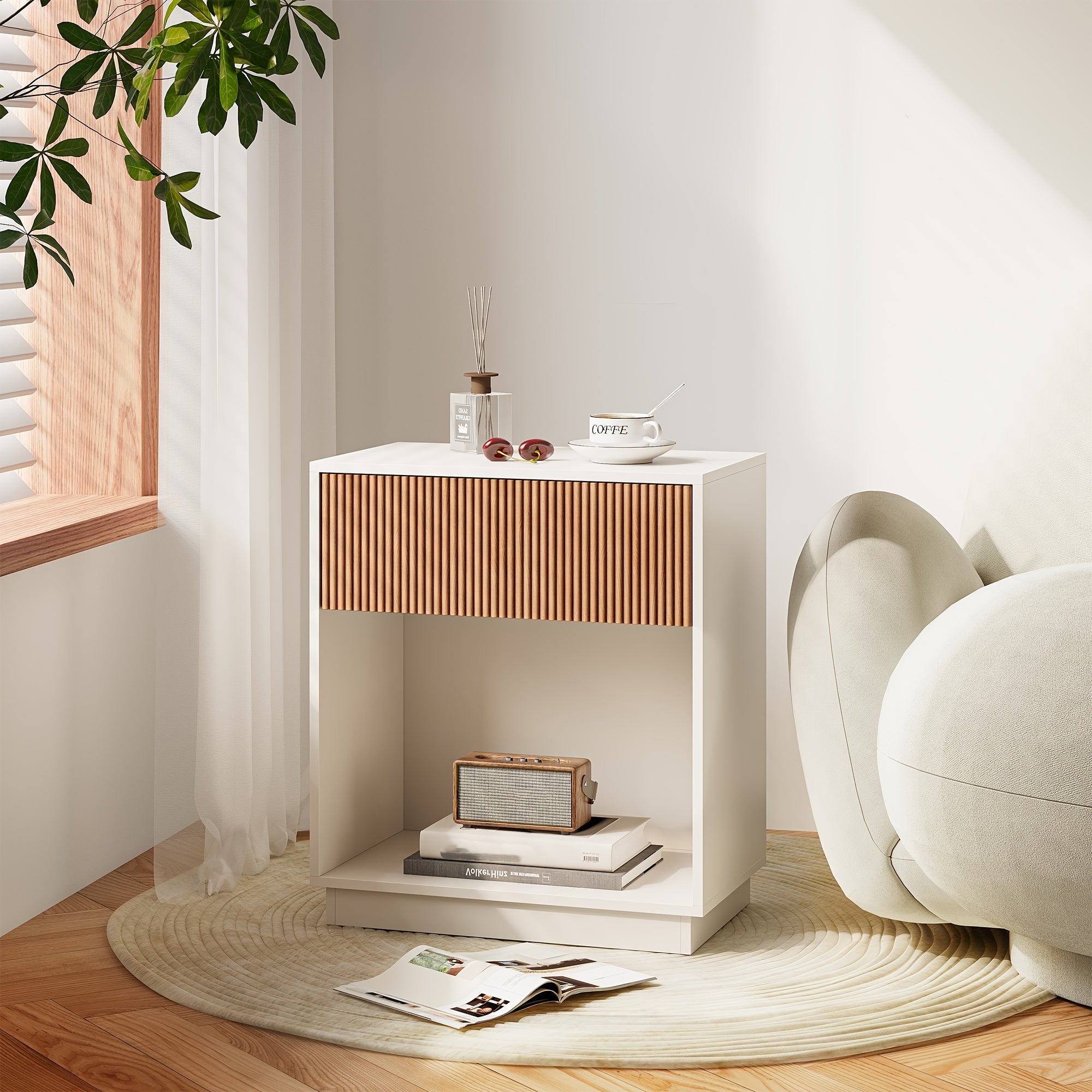 Fluted Nightstands Set Of 2, Modern Mid - Century Wood Bedside Table with Drawer & Open Storage Shelf, End Table for Bedroom, Living Room, Office, Sofa Side Couch (White+Oak)