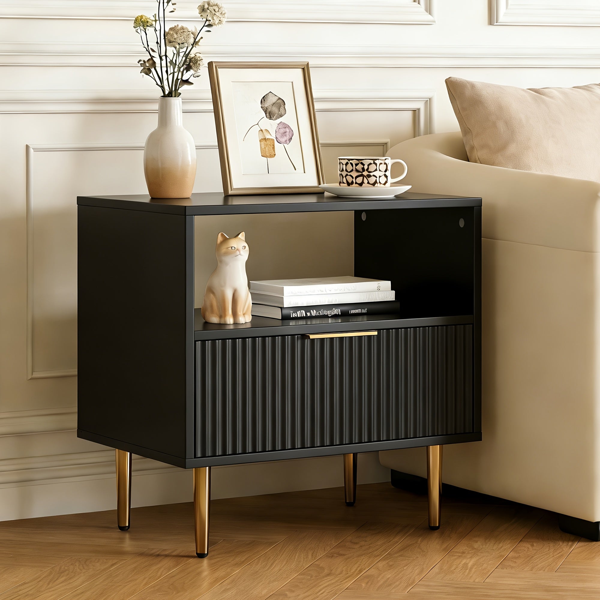 MHOM Nightstand with Drawer, End Table with Storage, Small Bedside Table Organizer with Open Space for Bedroom, Modern Nightstand with Golden Handle, Side Night Stand for Bedroom, Living Room, White\u002FBlack\u002FOak\u002FBlack&White