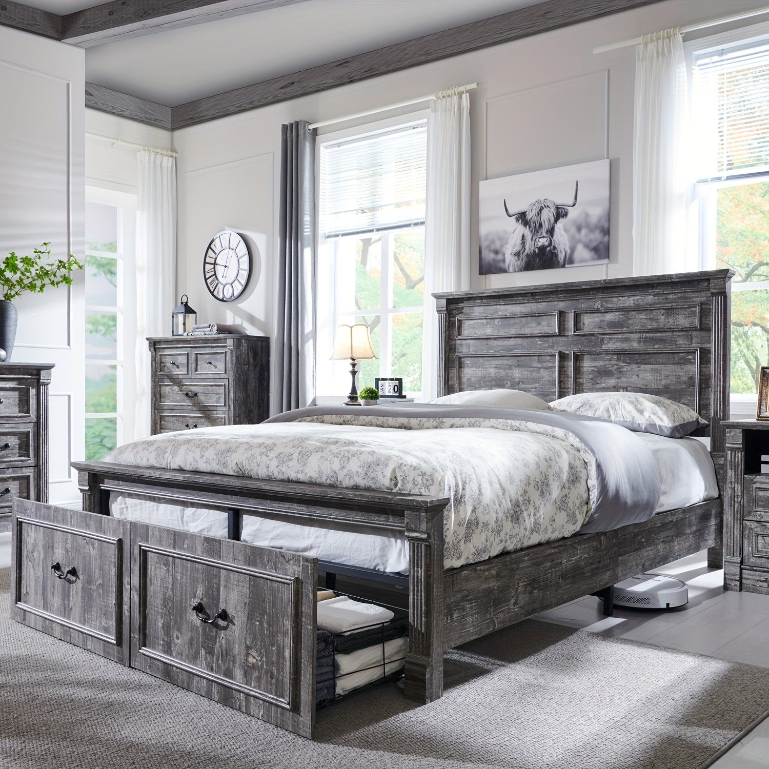 Farmhouse King\u002F Queen\u002F Full Size Bed Frame with Tall Headboard, Wood Platform Bed Frame with 20\