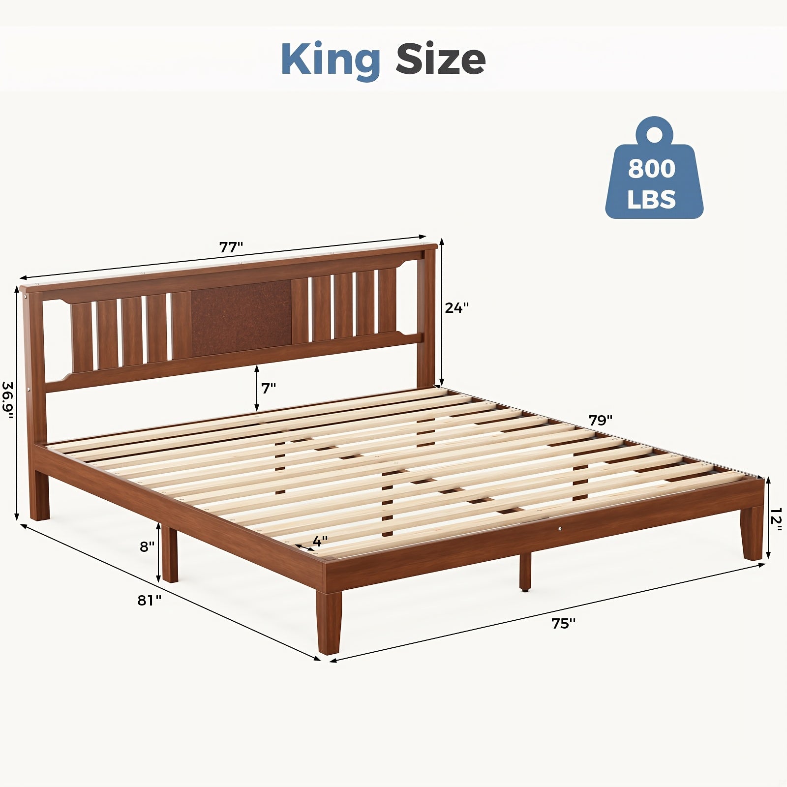 Solid Wood Bed Frame with Headboard, 4 Size Platform Bed Frame, Sturdy Wood Slat Support, Heavy Duty Pine Wood Bed Frame for Bedroom, No Box Spring Needed