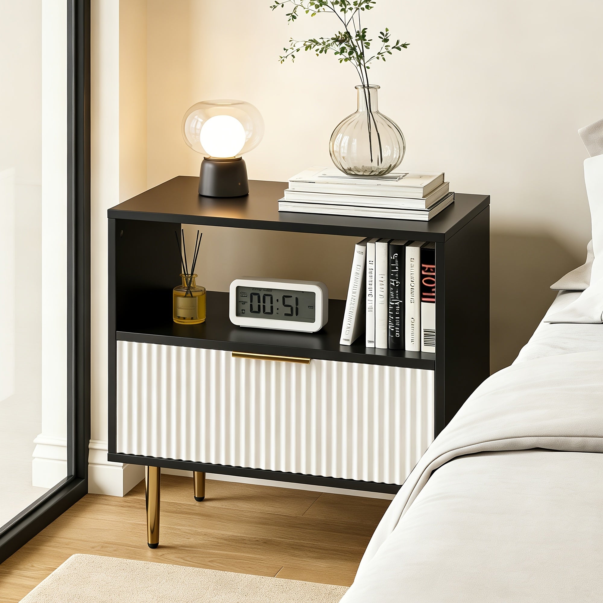 MHOM Nightstand with Drawer, End Table with Storage, Small Bedside Table Organizer with Open Space for Bedroom, Modern Nightstand with Golden Handle, Side Night Stand for Bedroom, Living Room, White\u002FBlack\u002FOak\u002FBlack&White