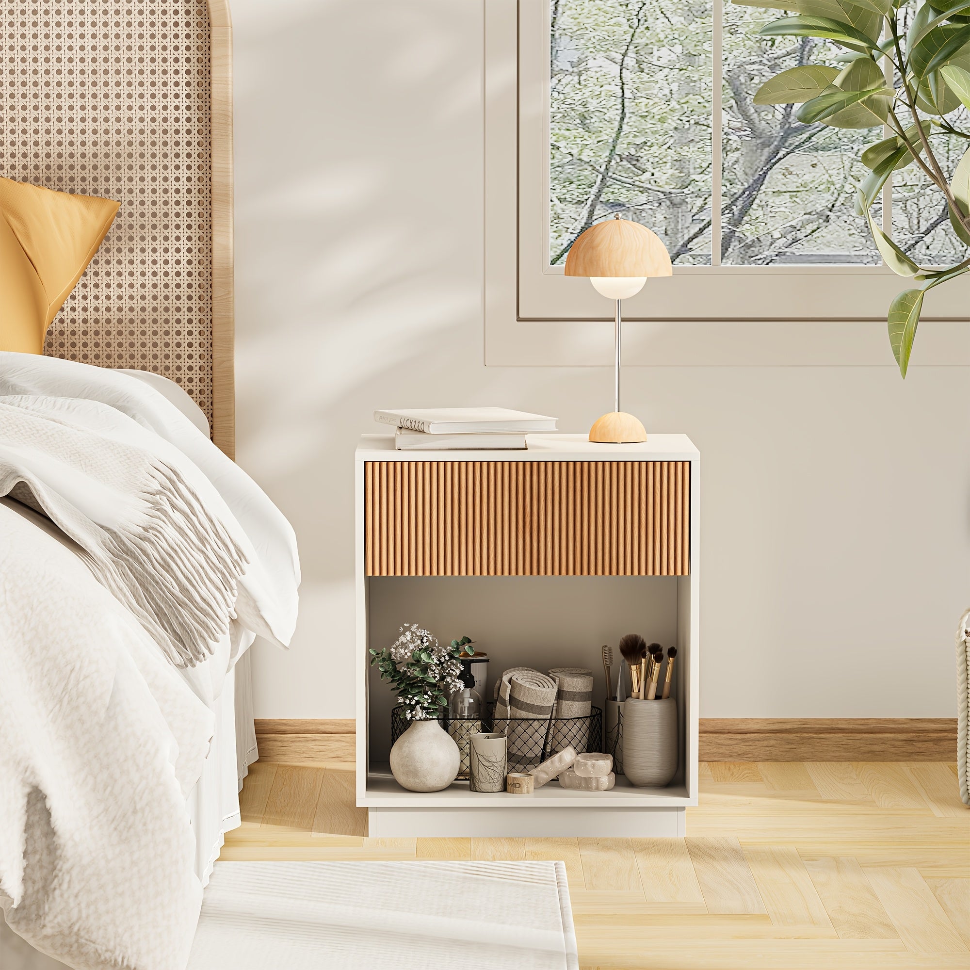 Fluted Nightstands Set Of 2, Modern Mid - Century Wood Bedside Table with Drawer & Open Storage Shelf, End Table for Bedroom, Living Room, Office, Sofa Side Couch (White+Oak)