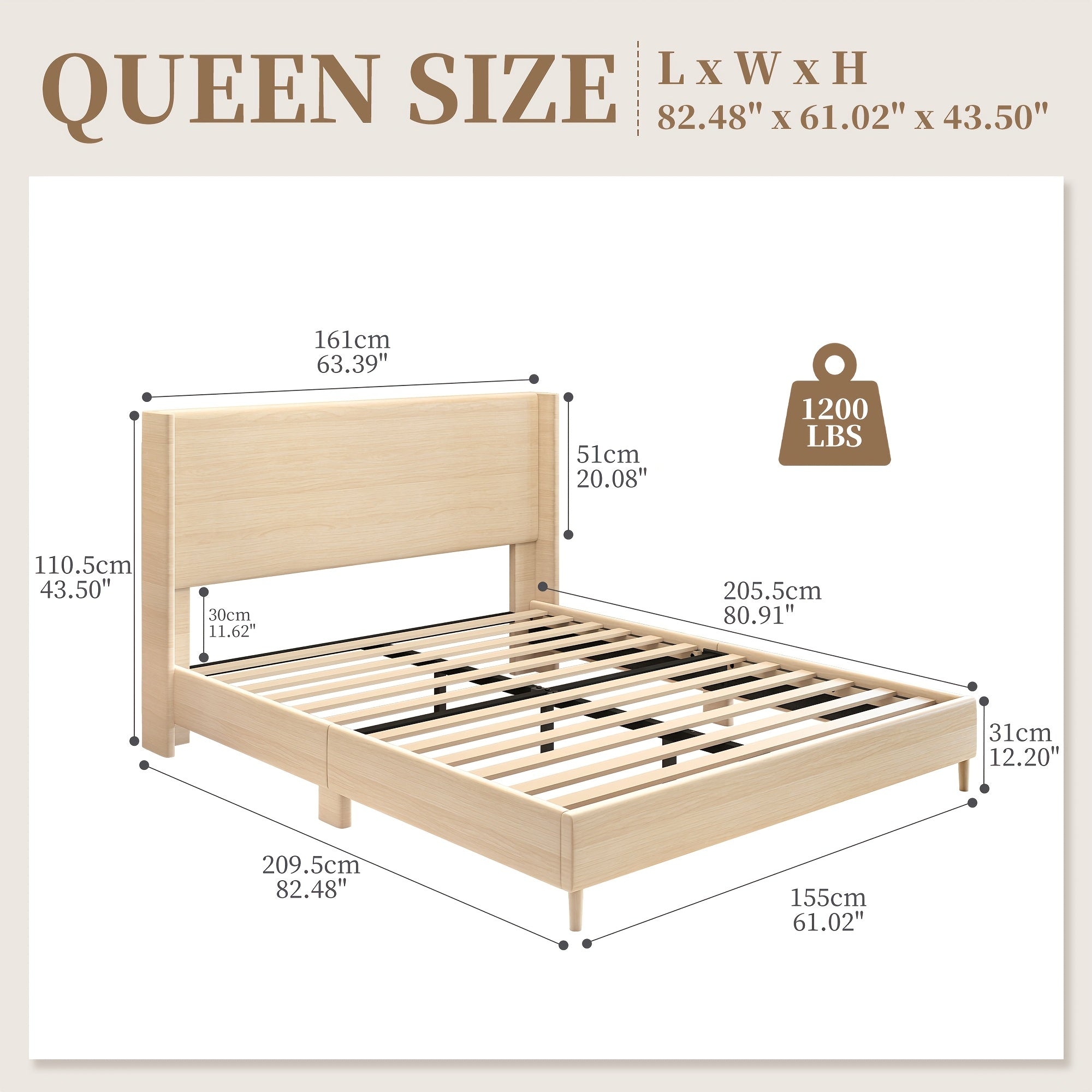 Sibeds Queen Bed Frame with Headboard, Full Size LED Bed Frame, Queen Bed Frame No Box Spring Needed Easy Assembly, PU Natural Wood Oak Brown Oak Brown & White Fabric