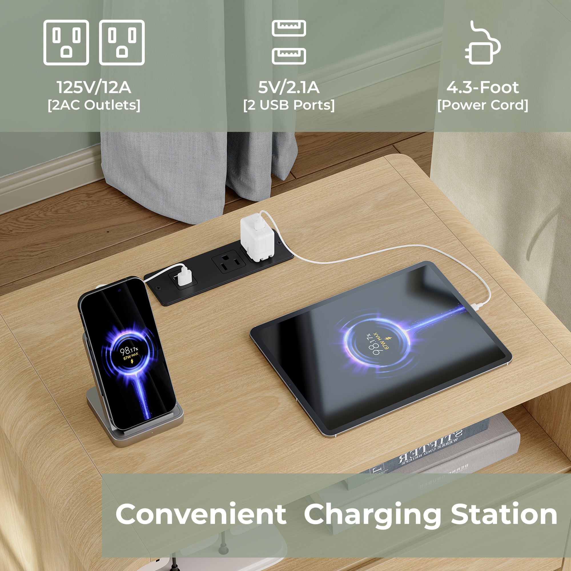 Solid Wood Bedside Table with Built-in Charging Station | Featuring Two Drawers and One Open Storage Compartment, Sleek Curved Handle-free Design, Ideal for Bedrooms, Dorm Rooms, and Compact Spaces
