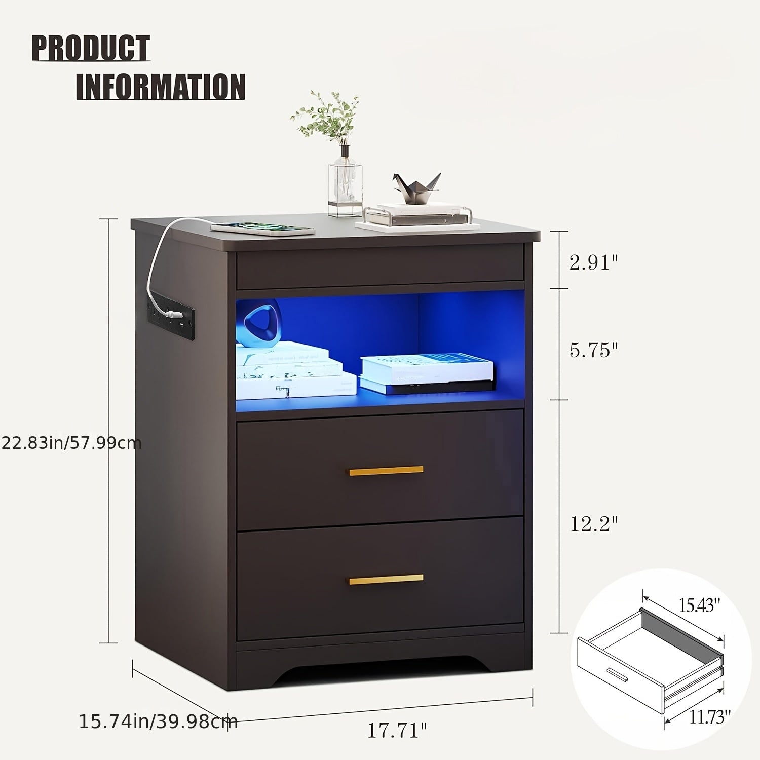 Modern Bedroom Nightstand with Hidden Drawer | 16-color Adjustable LED, Charging Station, And Open Storage, Black\u002Fwhite