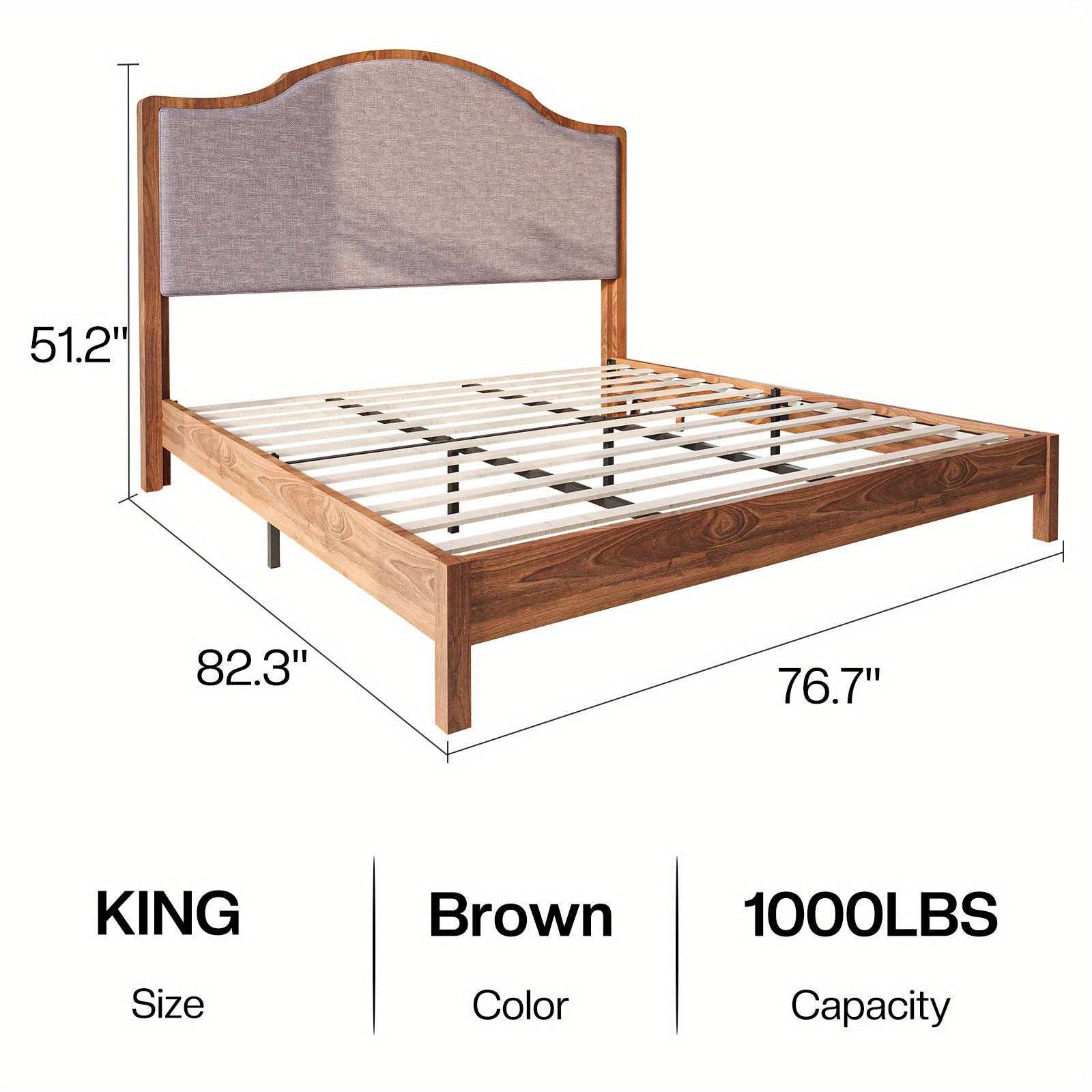 PAPABABE Solid Wood Platform Bed Frame with Upholstered Curved Headboard, Wood Slat Support, No Box Spring Required