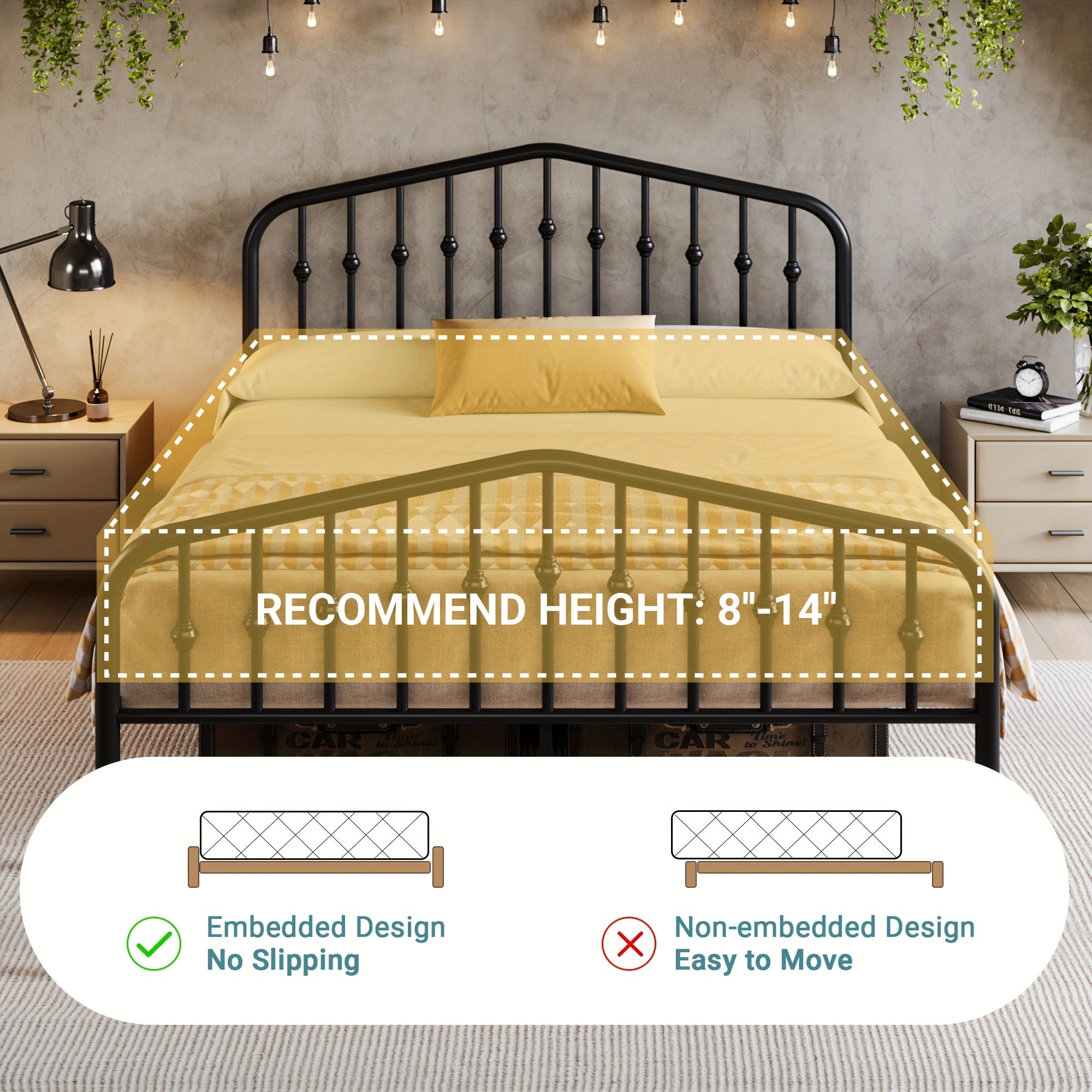 HOOMIC Queen Size Heavy-Duty Victorian Bed Frame - 14'' Wrought Iron Platform Bed with Victorian Headboard & Footboard, No Box Spring Needed, Assembly, Sturdy Metal Frame Suitable for Queen Size