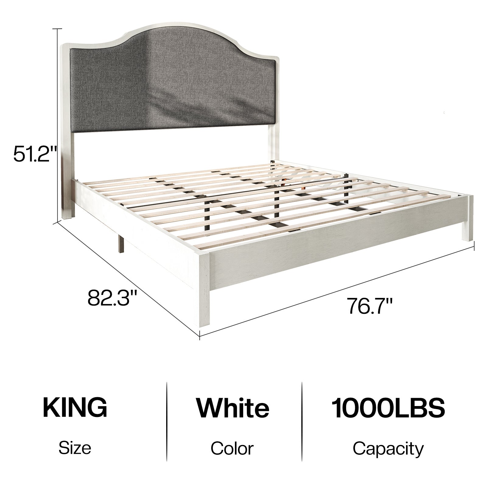 PAPABABE Solid Wood Platform Bed Frame with Upholstered Curved Headboard, Wood Slat Support, No Box Spring Required