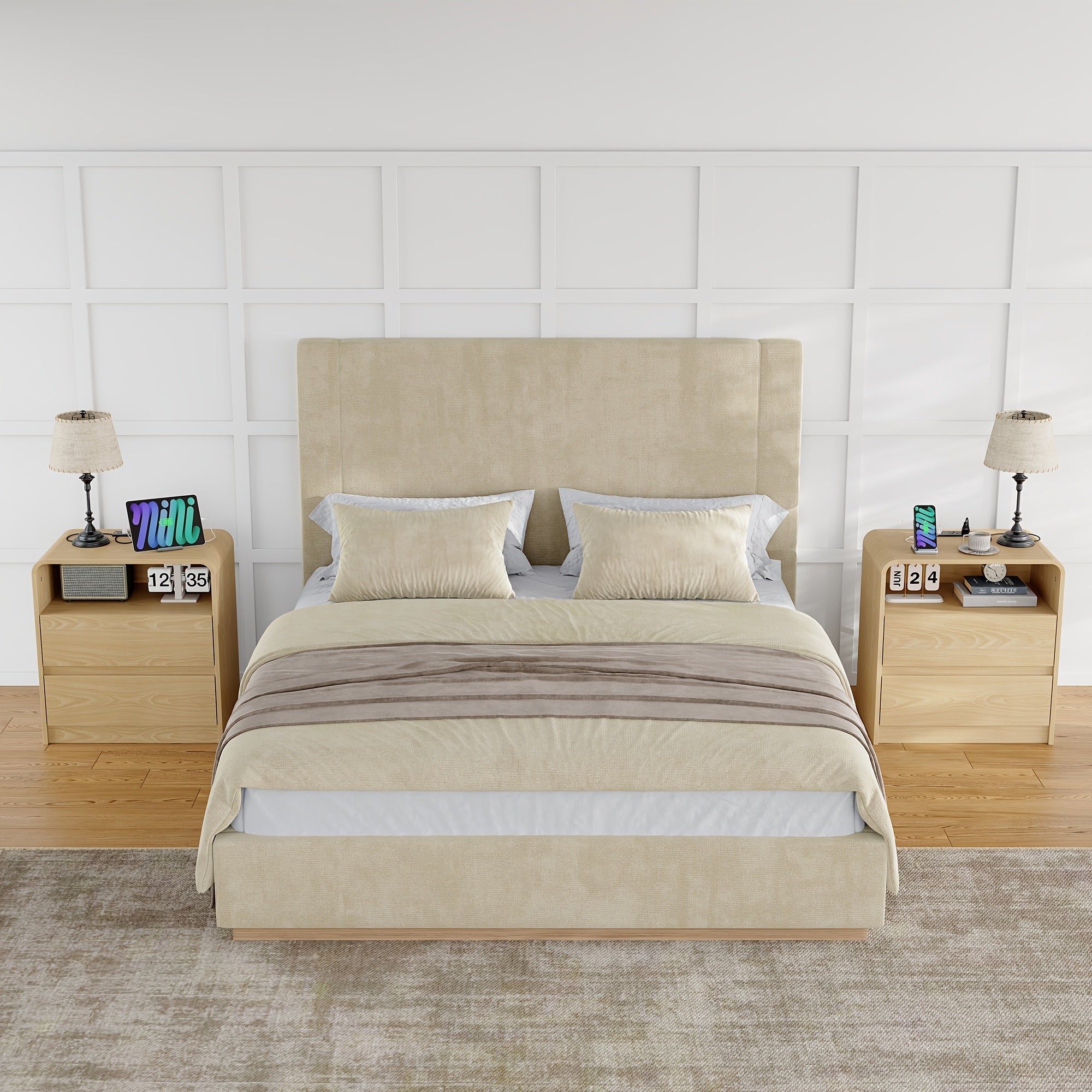 Solid Wood Bedside Table with Built-in Charging Station | Featuring Two Drawers and One Open Storage Compartment, Sleek Curved Handle-free Design, Ideal for Bedrooms, Dorm Rooms, and Compact Spaces