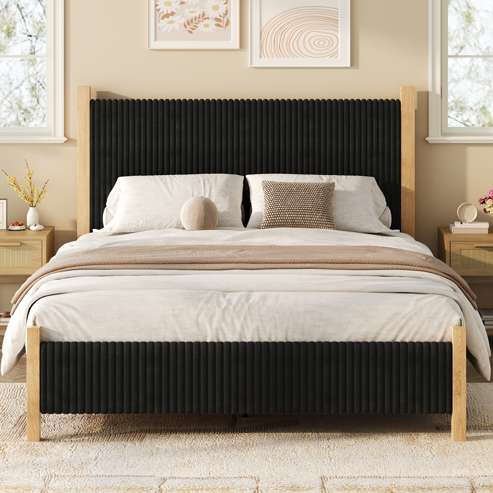 Full Queen King Bed Frame with Headboard | Corduroy Upholstered, Vertical Channel Design, No Box Spring Needed, Strong Structure, Noise-Free, Easy Assembly, White\u002FBlack\u002FBeige, Made of Hardwood and High-Density Fiberboard by HOMBCK