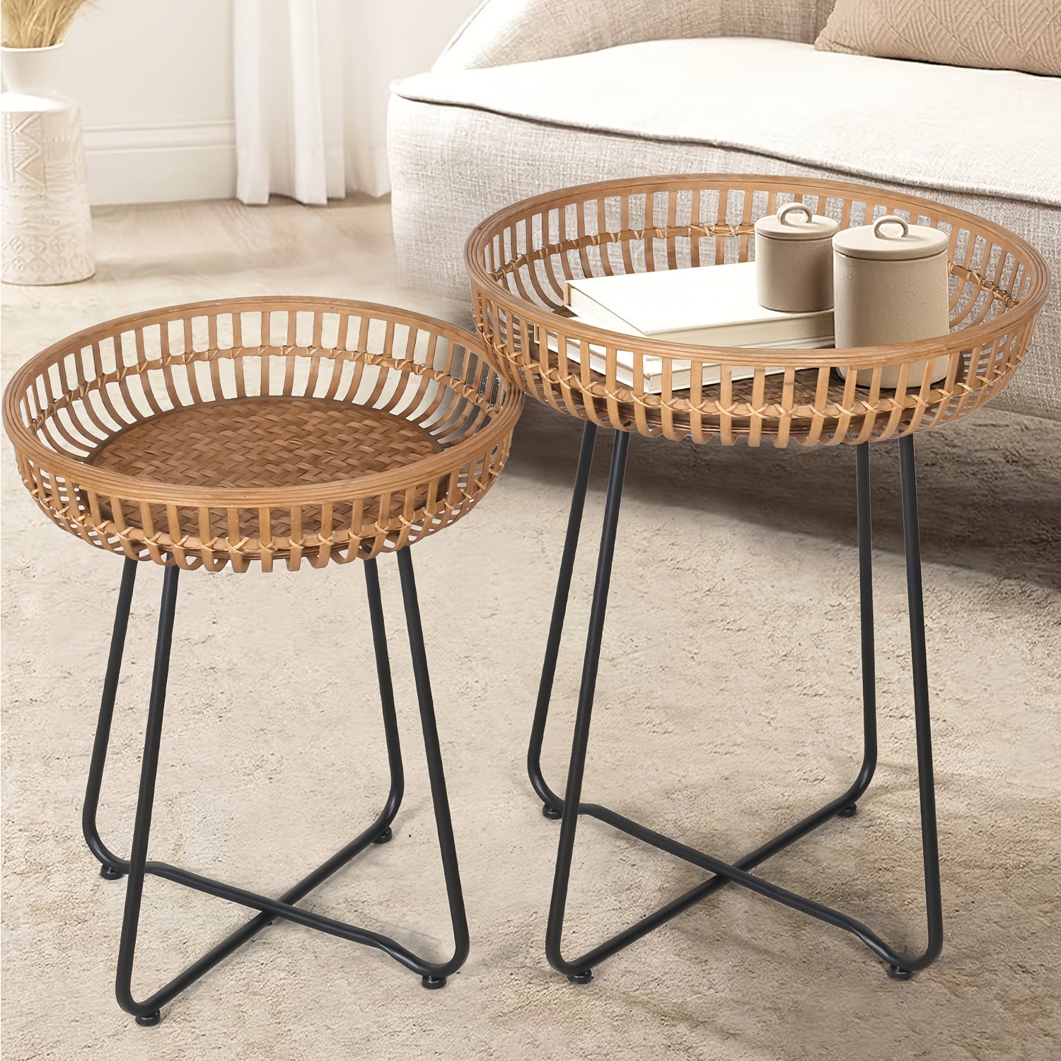 Oakrian Rattan Side Table Nesting Tables Set Of 2, Bamboo Round Table Coffee Table Metal Base End Table for Boho Living Room, Sofa, Bedroom, Terrace, Accent Table(20.47inch)