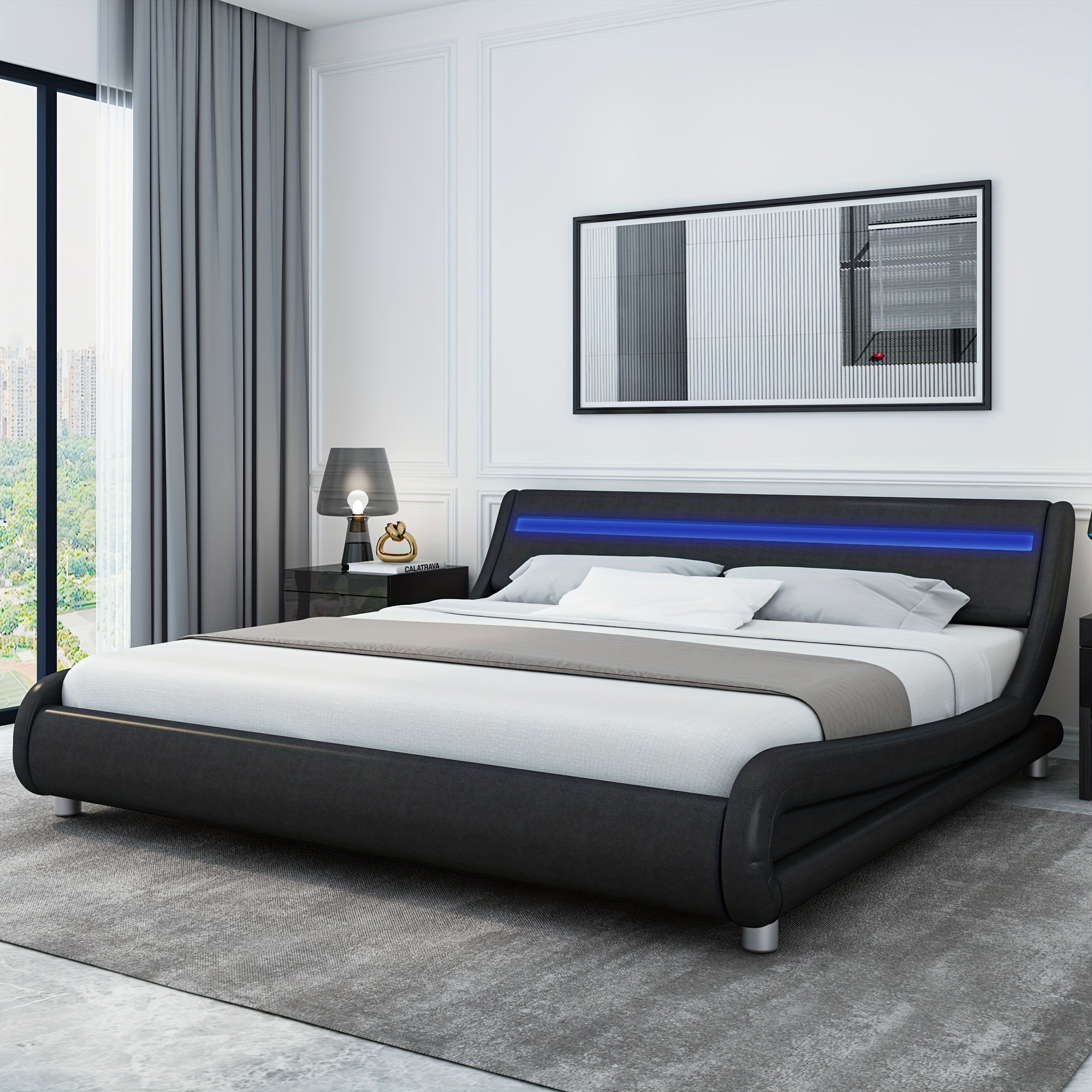 Modern Upholstered LED Bed Frame with Adjustable Headboard & Faux Leather Wave Bed - Metal Platform Bed Frame, No Box Spring Needed, Easy Assembly, Contemporary Bed for Small Spaces Suitable for Modern Bedrooms