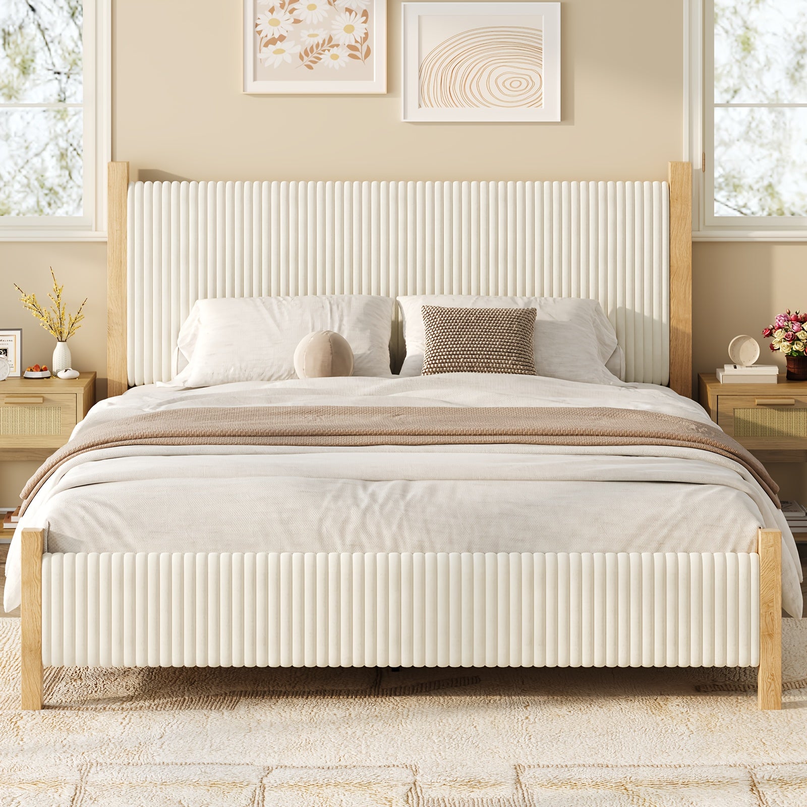 Full Queen King Bed Frame with Headboard | Corduroy Upholstered, Vertical Channel Design, No Box Spring Needed, Strong Structure, Noise-Free, Easy Assembly, White\u002FBlack\u002FBeige, Made of Hardwood and High-Density Fiberboard by HOMBCK