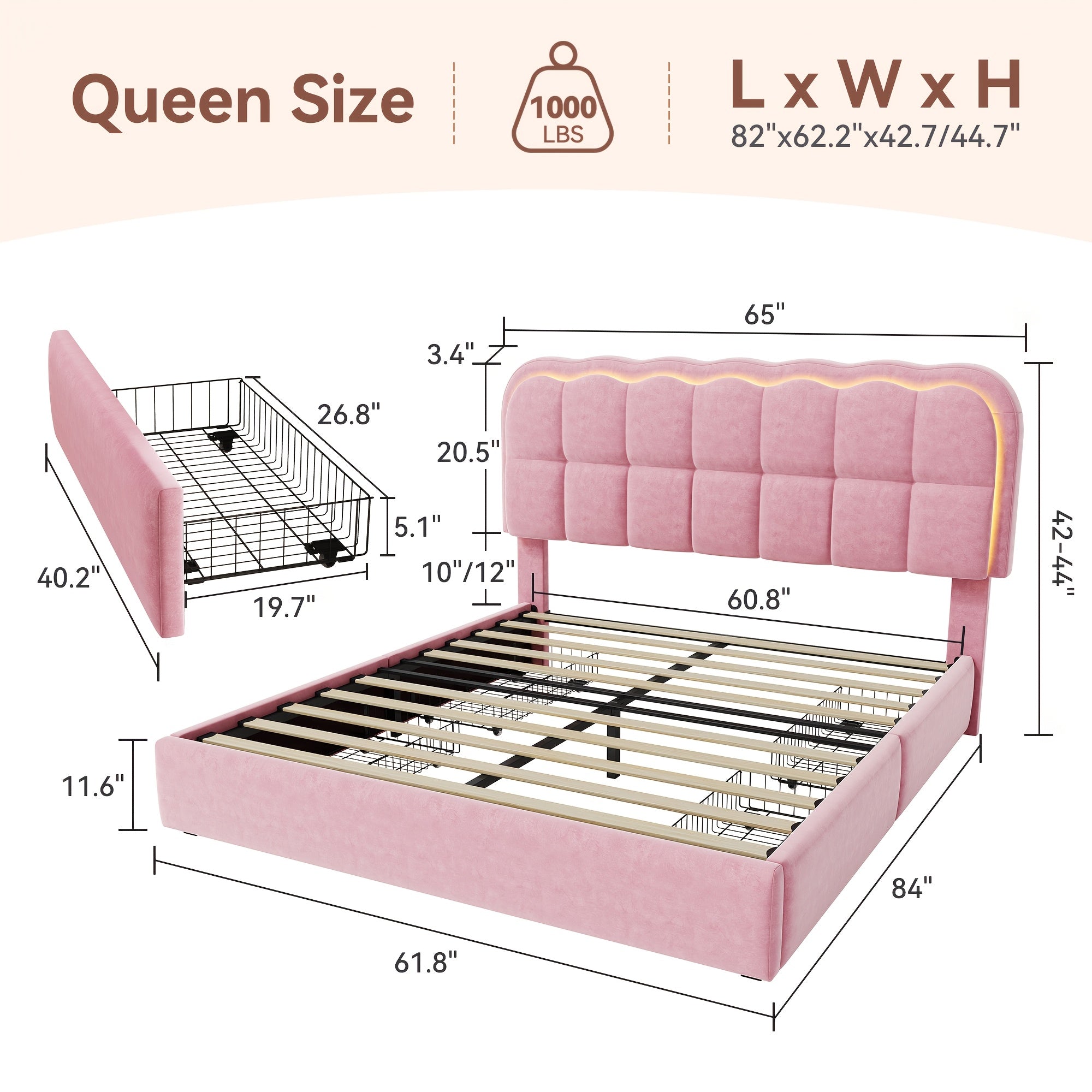 MRAEER Twin\u002FFull\u002FQueen Bed Frame | LED Lighting, 2\u002F4 Storage Drawers, Cloud-Style Soft Headboard, Velvet Modern Platform Bed, Mattress Not Required, Halloween\u002FChristmas Gift, White\u002FPink\u002FGrey, Hardwood and Metal Construction