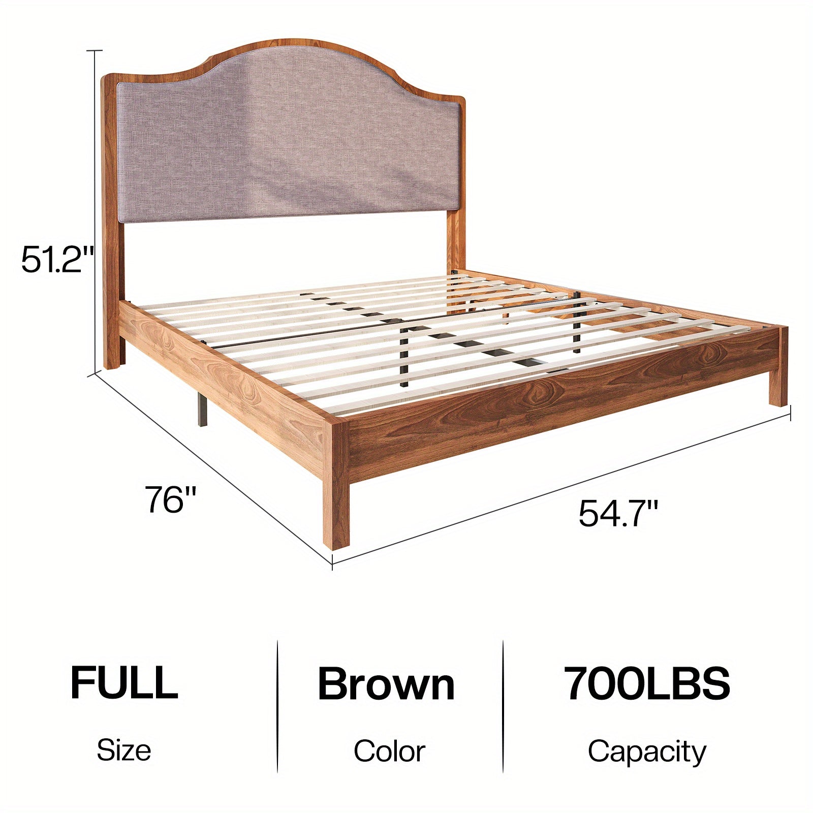 PAPABABE Solid Wood Platform Bed Frame with Upholstered Curved Headboard, Wood Slat Support, No Box Spring Required